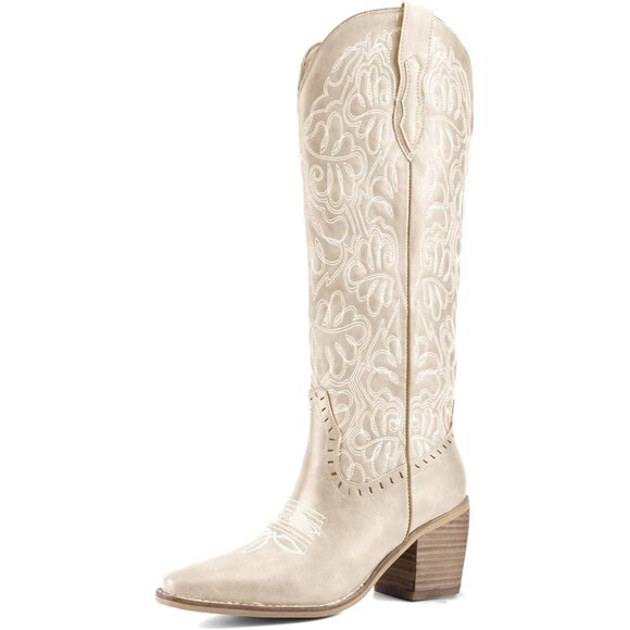 ⚡Women‘s Off-white Faux Leather Cowgirl Embroidered Knee High Chunky Heel Boots - Picture 1 of 7
